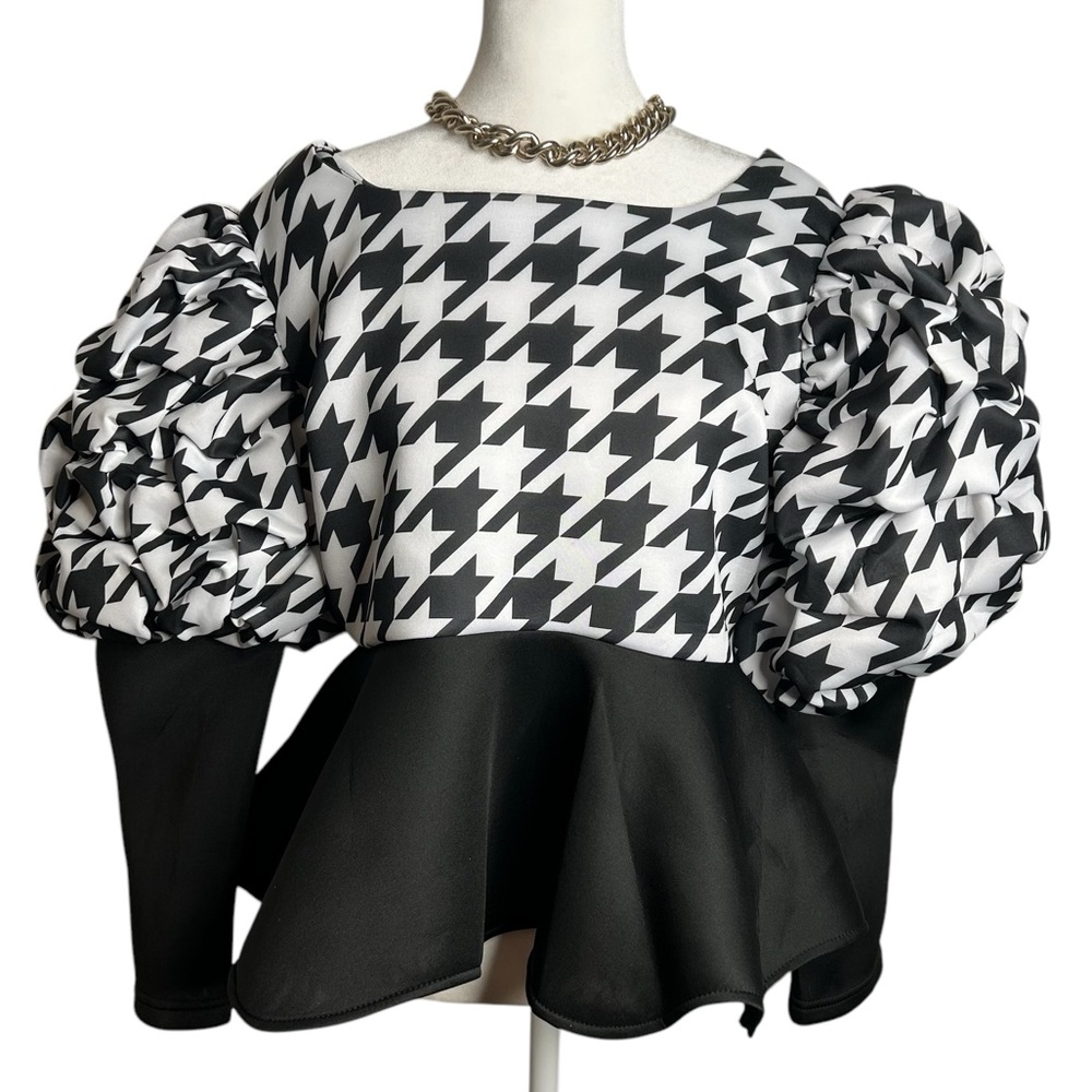 NWT Dorinda Clark Cole Houndstooth Puff Sleeve Top Size Small